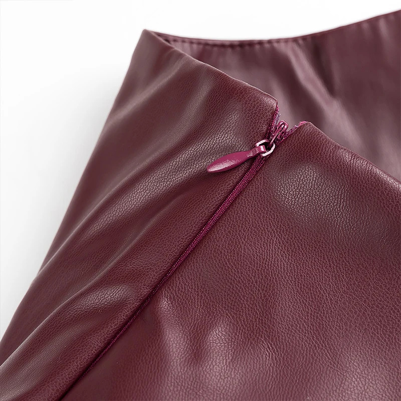 Willshela Women Fashion PU Wine Red Pleated Side Zipper Mini Skirt Vintage High Waist Female Chic Lady Skirts 250318
