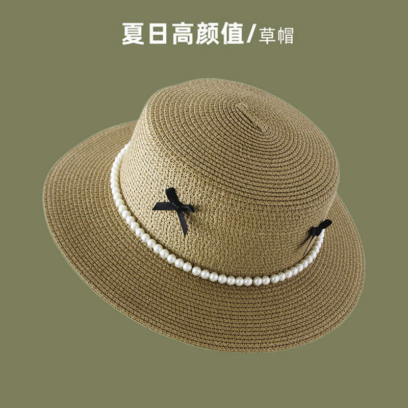 Flat topped straw women's French pearl bow, flat edge hat, beach vacation style, sun protection hat