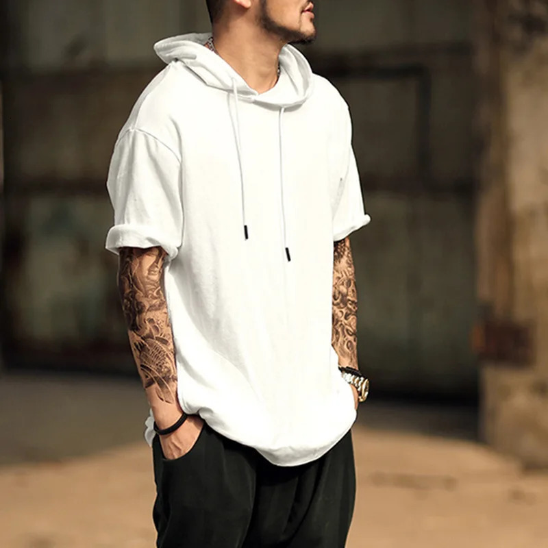 Mens Solid Color Short Sleeved Hoodie T-shirt Loose Hip-hop Curved Hem Side Zipper Casual T-shirt Mens Fashion 250317