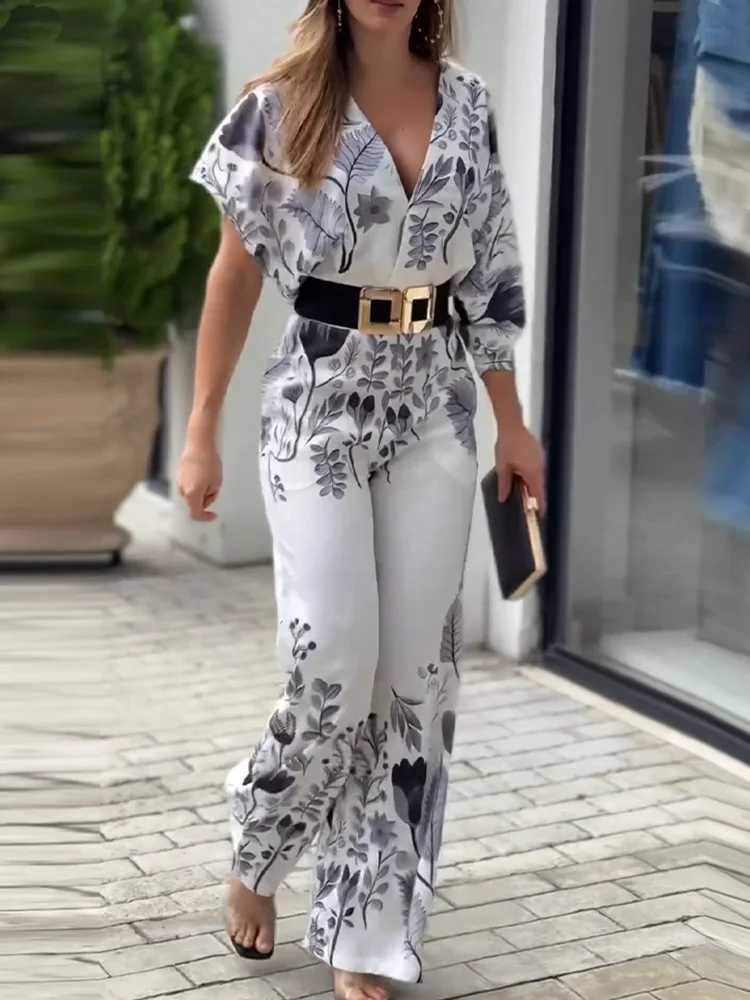 Deioao Female V Neck Slim Vintage Print Rompers Chic Women Summer Backless Party Jumpsuits Casual Floral Long Pants Strt Wear X250318