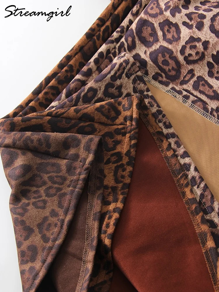 Winter Leopard Print Suede Skirt Long Women Autumn Vintage A Line Brown Maxi Skirts For Women Winter Warm Suede Leopard Skirts 250318