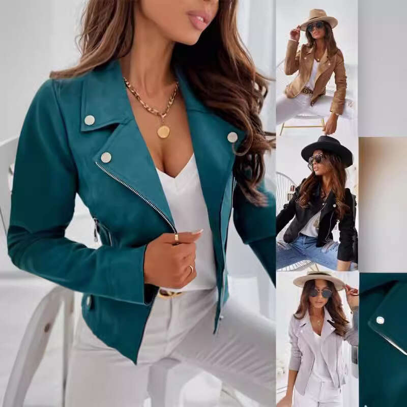 European and American slim fit lapel zipper deerskin veet short jacket 2025 new casual versatile fashion clothing