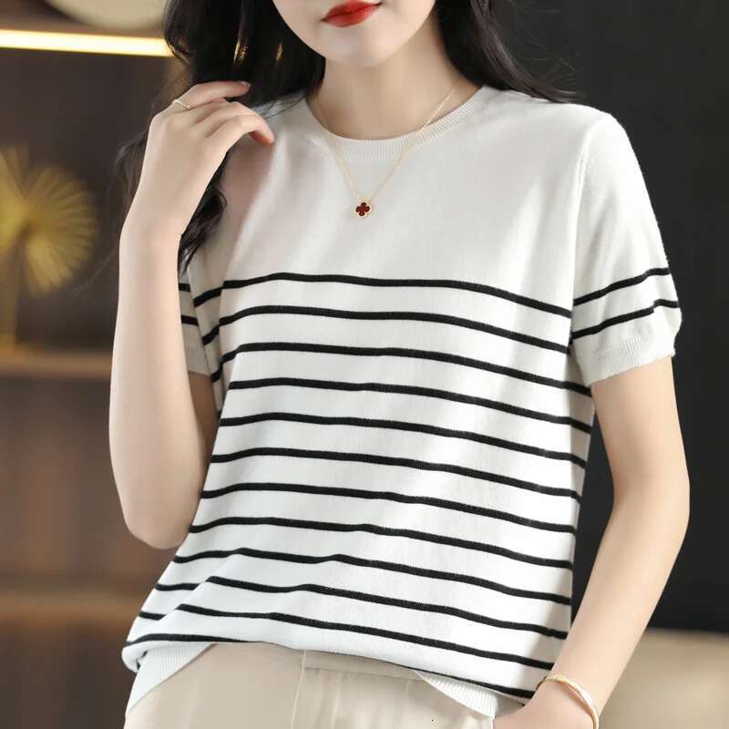 100% Pure Cotton T-Shirt Women's Knitted Striped Short Sleeved Casual Round Neck Tees Summer Basic Loose Tops Versatile