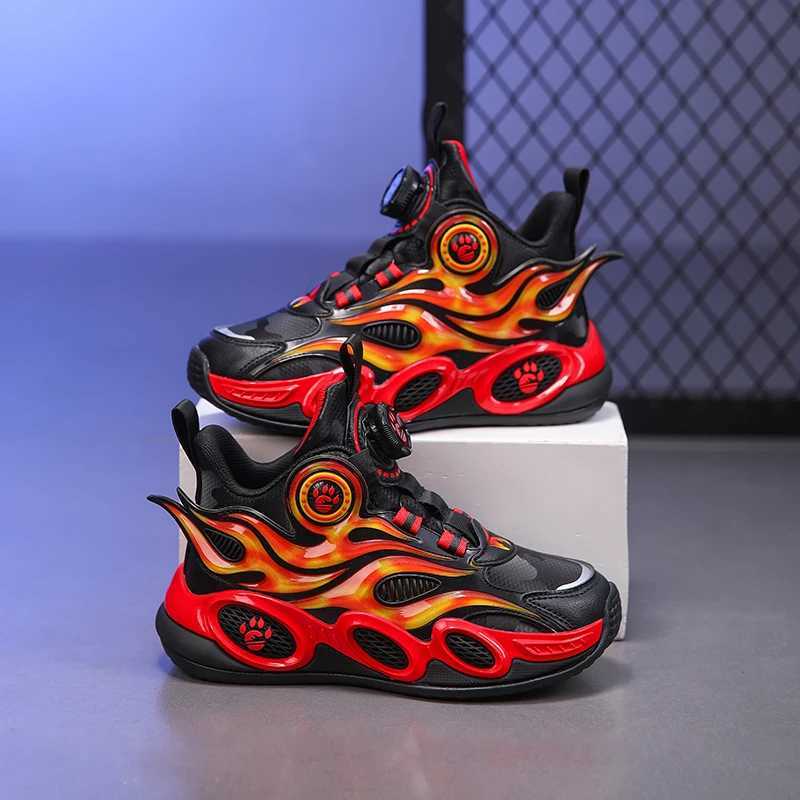 Childrens shoes autumn new waterproof leather rotating buckle flame basketball shoes sport casual shoes W250318