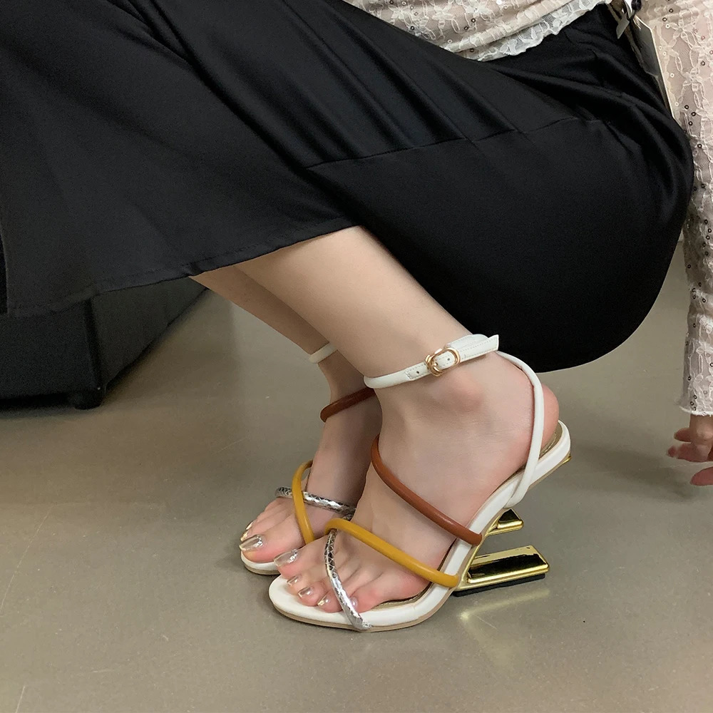 Aneikeh Summer Fashion Fretwork Heels Cross Striped Color Blocked High-heeled Sandals Women Ankle Buckle Strap Gladiator Shoes 250318