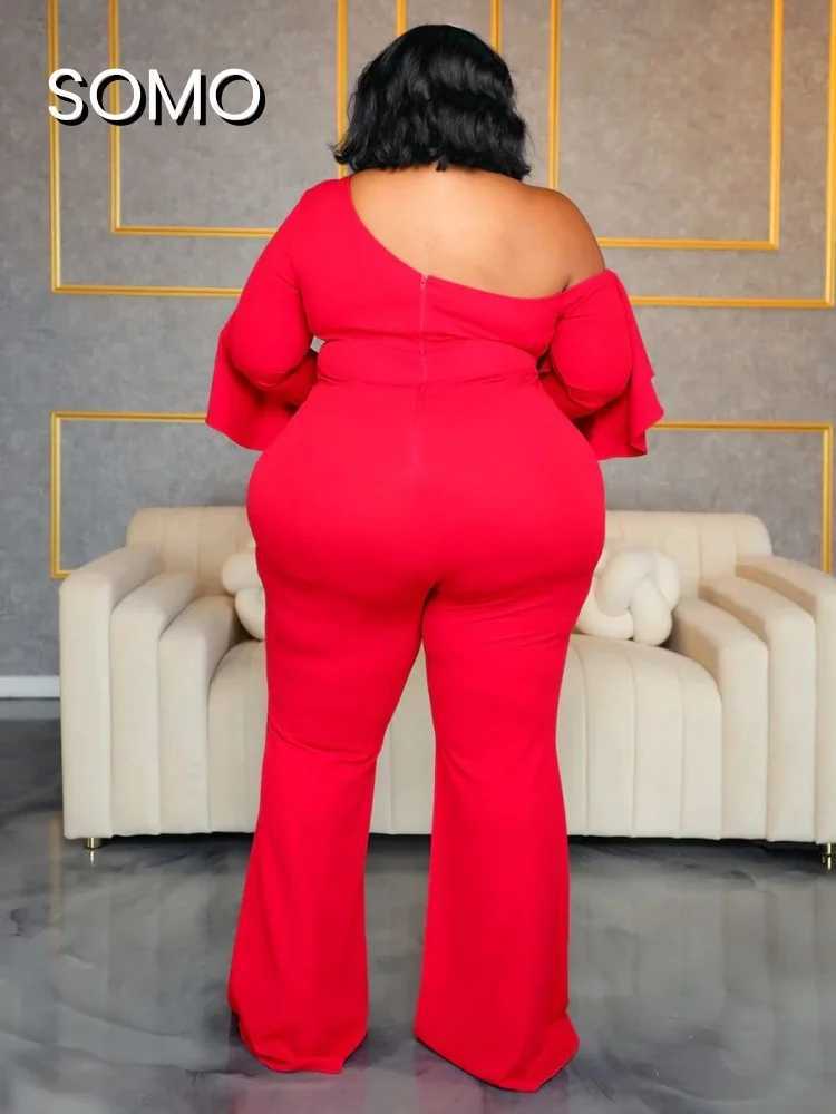 SOMO Plus size womens jumpsuit one-piece long Sleve 2024 solid color sexy loose oblique shoulder jumpsuit wide leg straight run X250318