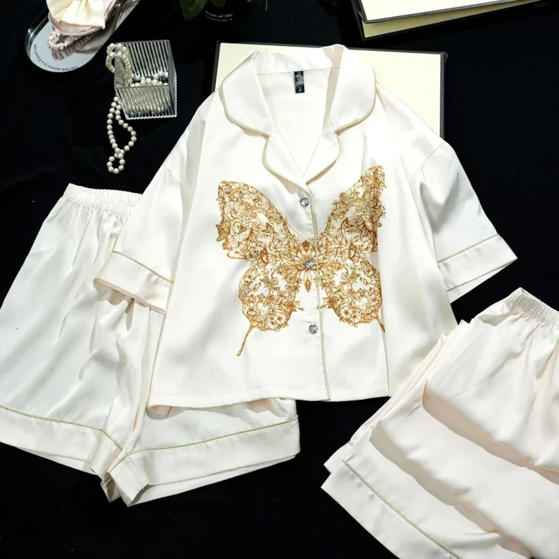 Loose Print Short Three-piece Ice Silk Pajamas Womens Short Sleeve Set Womens Summer Thin High Soft Quality Pyjamas Sets 250317