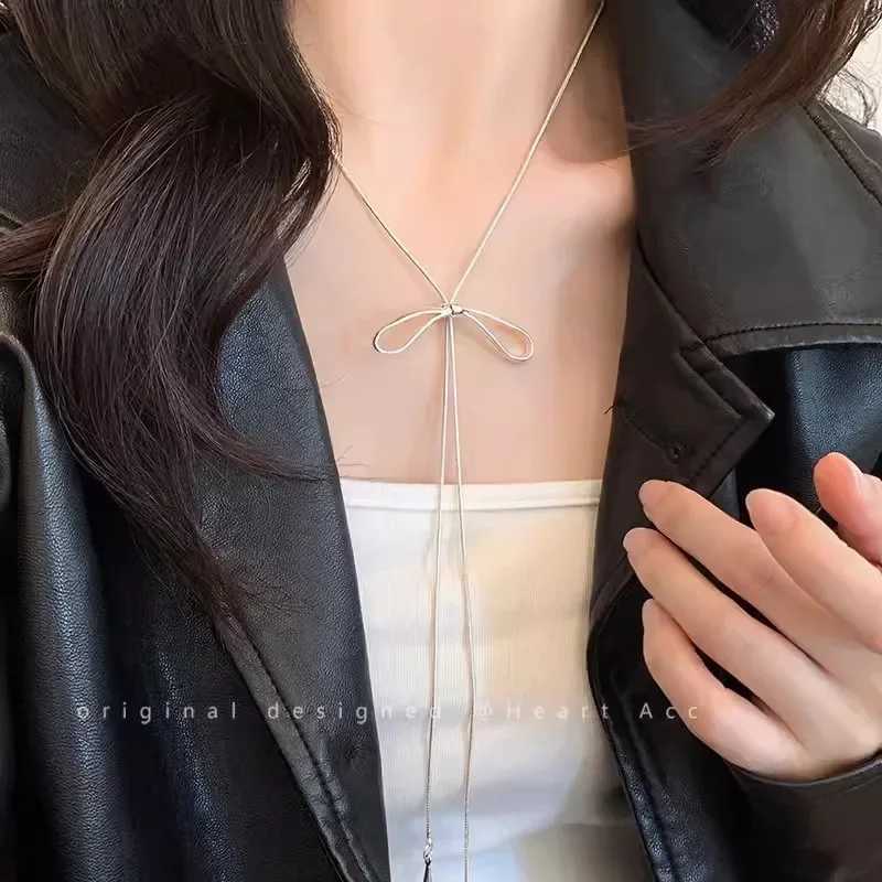 LATS Simple Bowknot Drawstring On Necklace for Women Korean Fashion Sweater Chain Trend Jewelry Accessories Gifts W250318