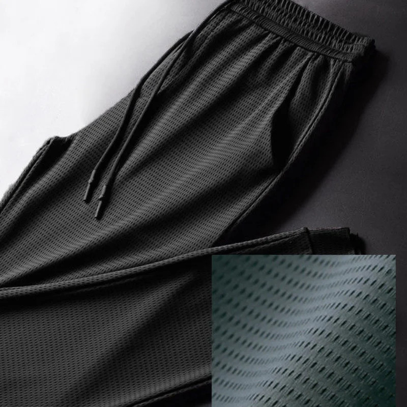 Mens Summer Ice Silk Pants Mesh Breathable Casual Thin Quick Dry Pants Loose Elastic Beam Feet Pants Sports Fitness Pants 250318