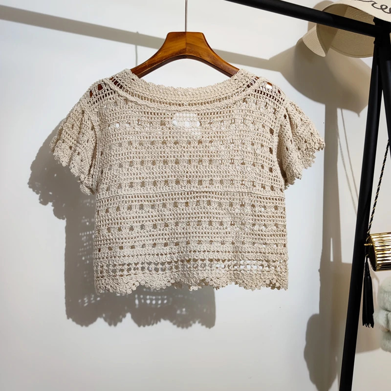 Embroidery Crochet Top Cardigan Flying Sleeve Wavy Hem Crop Tops for Women Korean Fashion Chic Spring Summer Outfit 250318