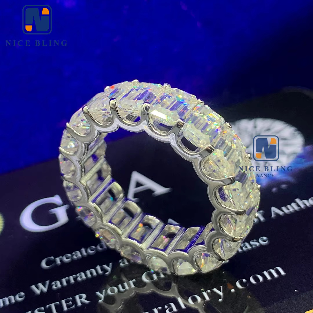 Graceful 925 Silver Gold Plated Women Jewelry Iced Out Classic Emerald Cut Jewelry Eternity Moissanite Diamond Band Ring