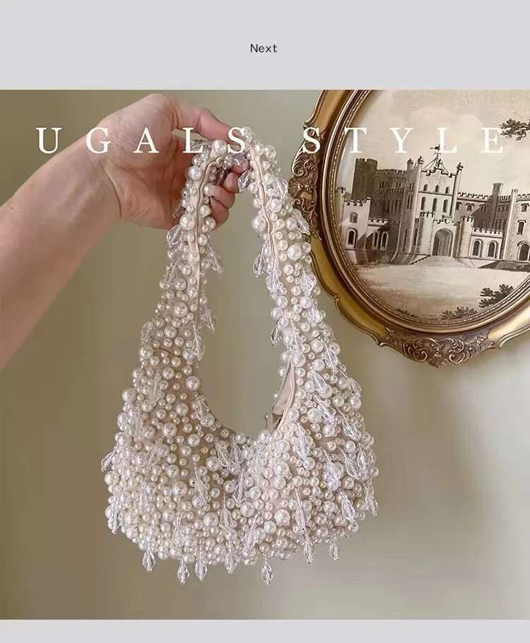 High Quality Pearl Beaded Handmade Women Handbag Fashion Evening Wedding Party Clutch Purse Beads Beading Woven Shoulder Bag