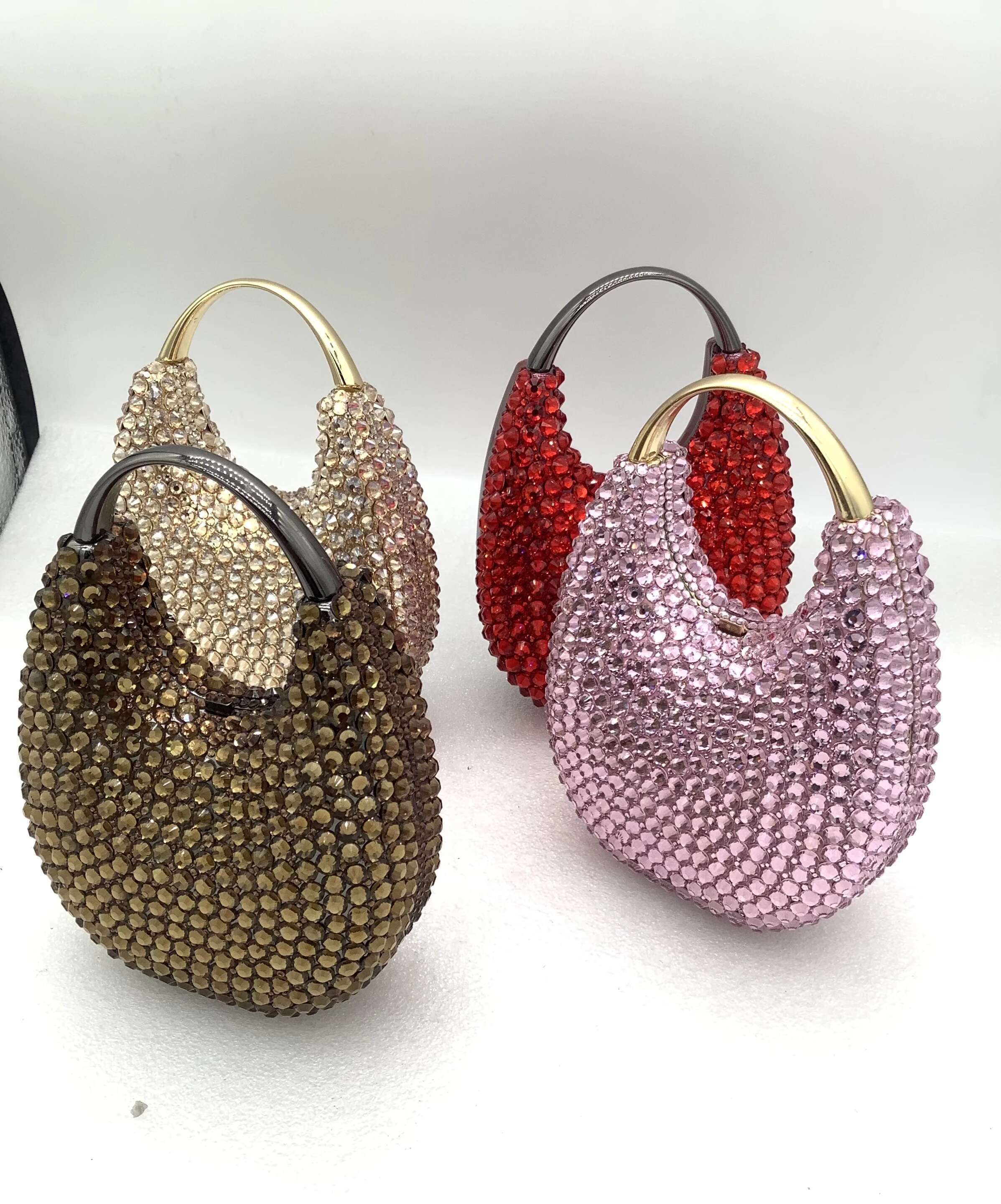Women Crystals Top Handle Evening Handbags Pink/Red Lady Dias Minaudiere Gold/Brown Wedding Clutch Bags Gems Handbag Purse