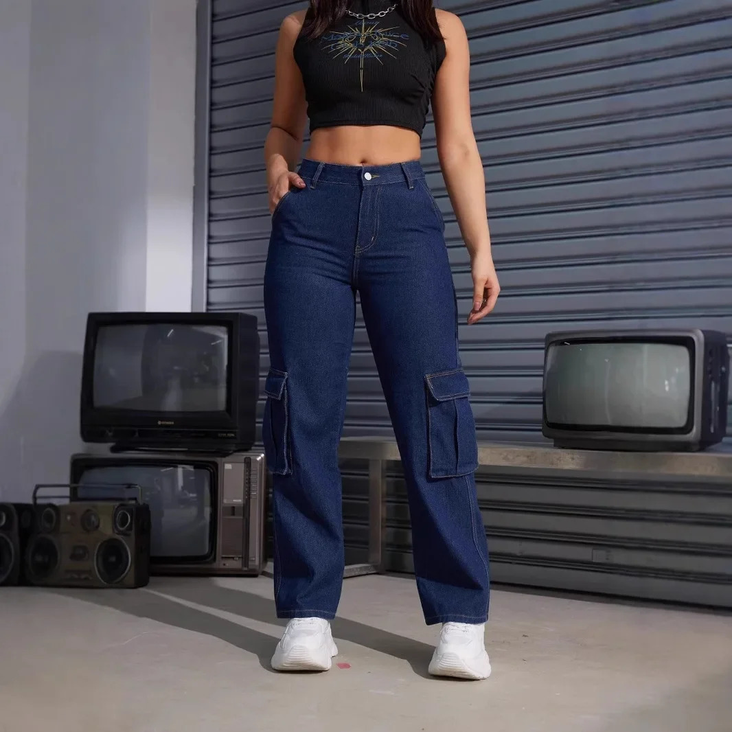 American Style High Waist Casual Womens Workwear Jeans with Pocket Straight Leg Long Trousers Fashionable plus Size 250317
