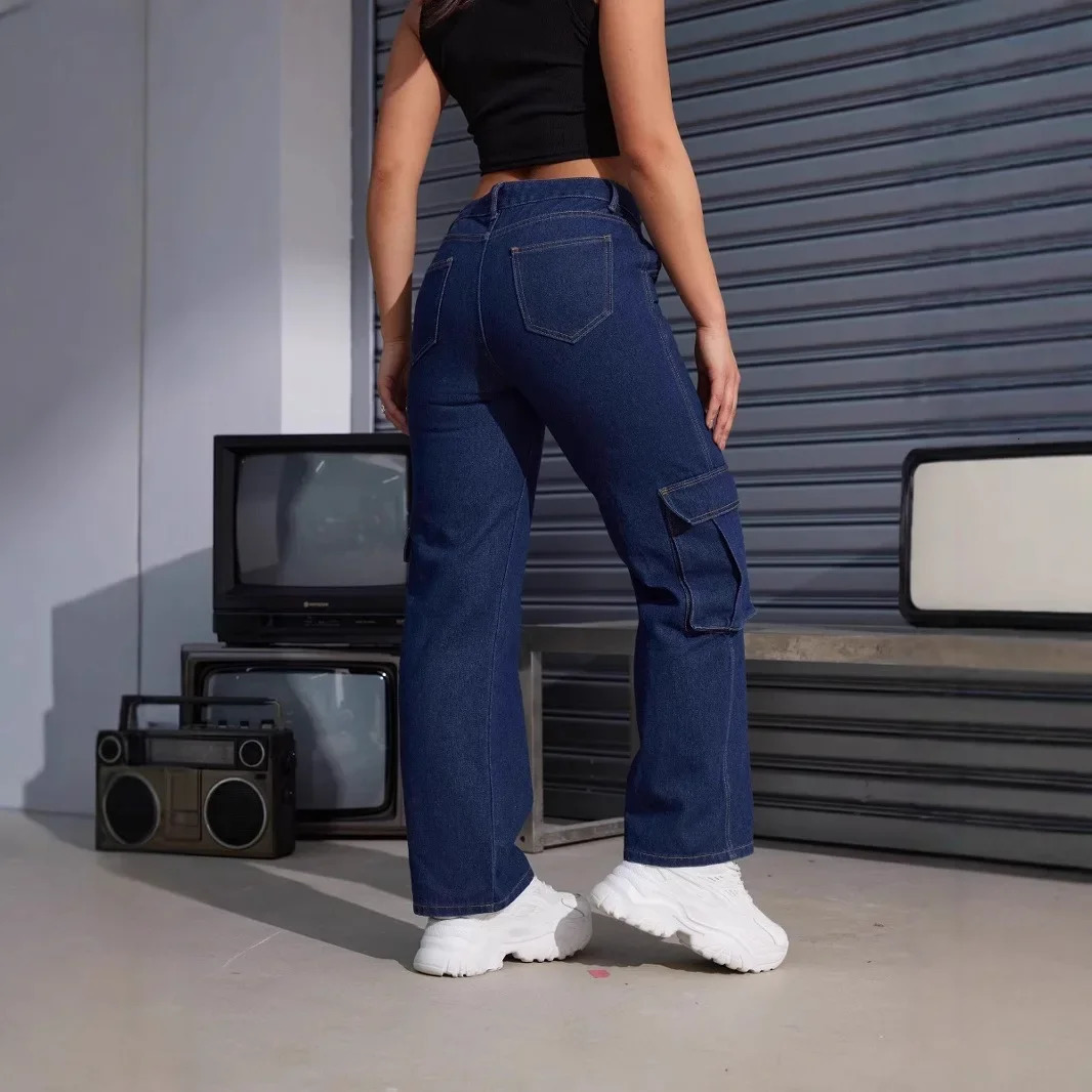 American Style High Waist Casual Womens Workwear Jeans with Pocket Straight Leg Long Trousers Fashionable plus Size 250317