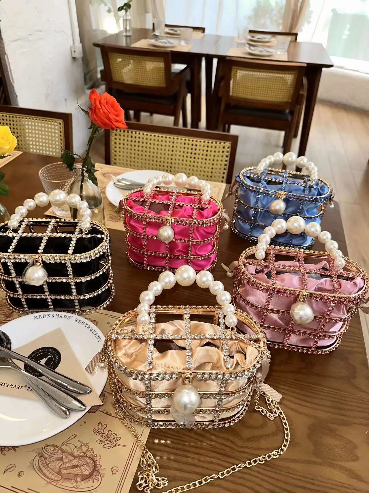 Gold Metal Cage Shiny Rhies Dia Evening Pearl Beaded Women Handbag Wedding Party Clutch Purse Crossbody Bag