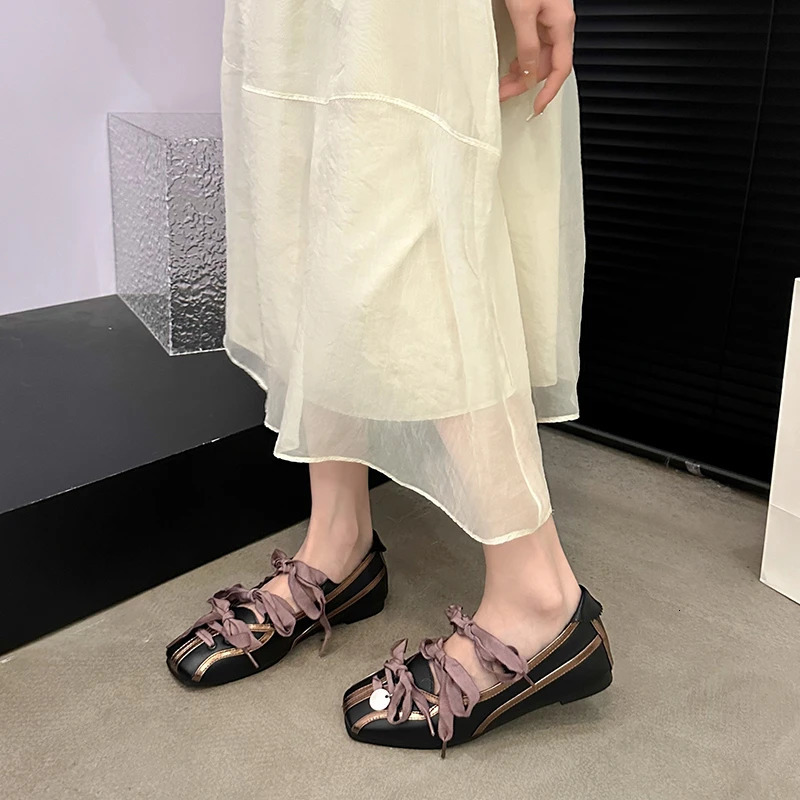 Spring Color Matching Mary Jane Shoes Small Square Bow Flat Shoes Lazy Slip-on Single Shoes 250318