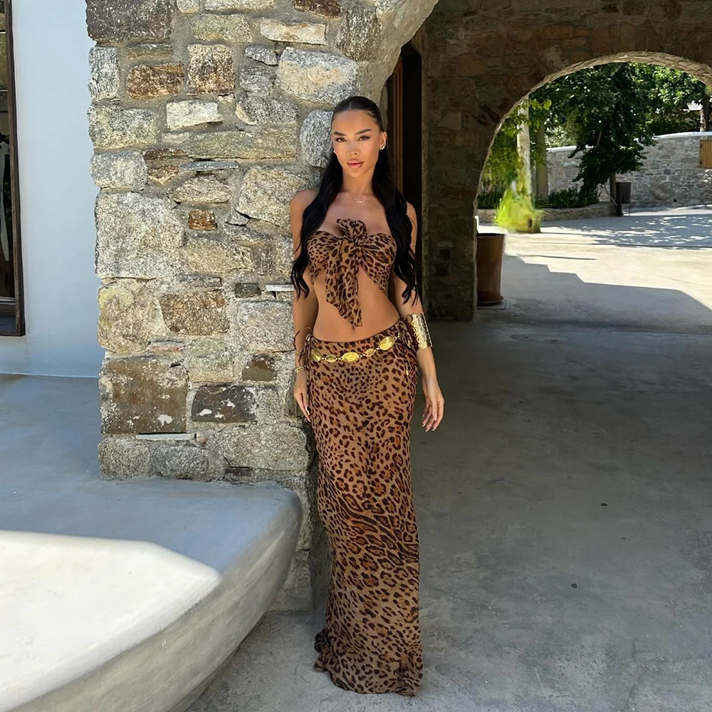 3 Pieces Leopard Bow Bikini Set 2025 Sexy Women Swimsuit Long Skirt Female Swimwear Brazil Bathing Suit Beachwear Cover Ups 250318