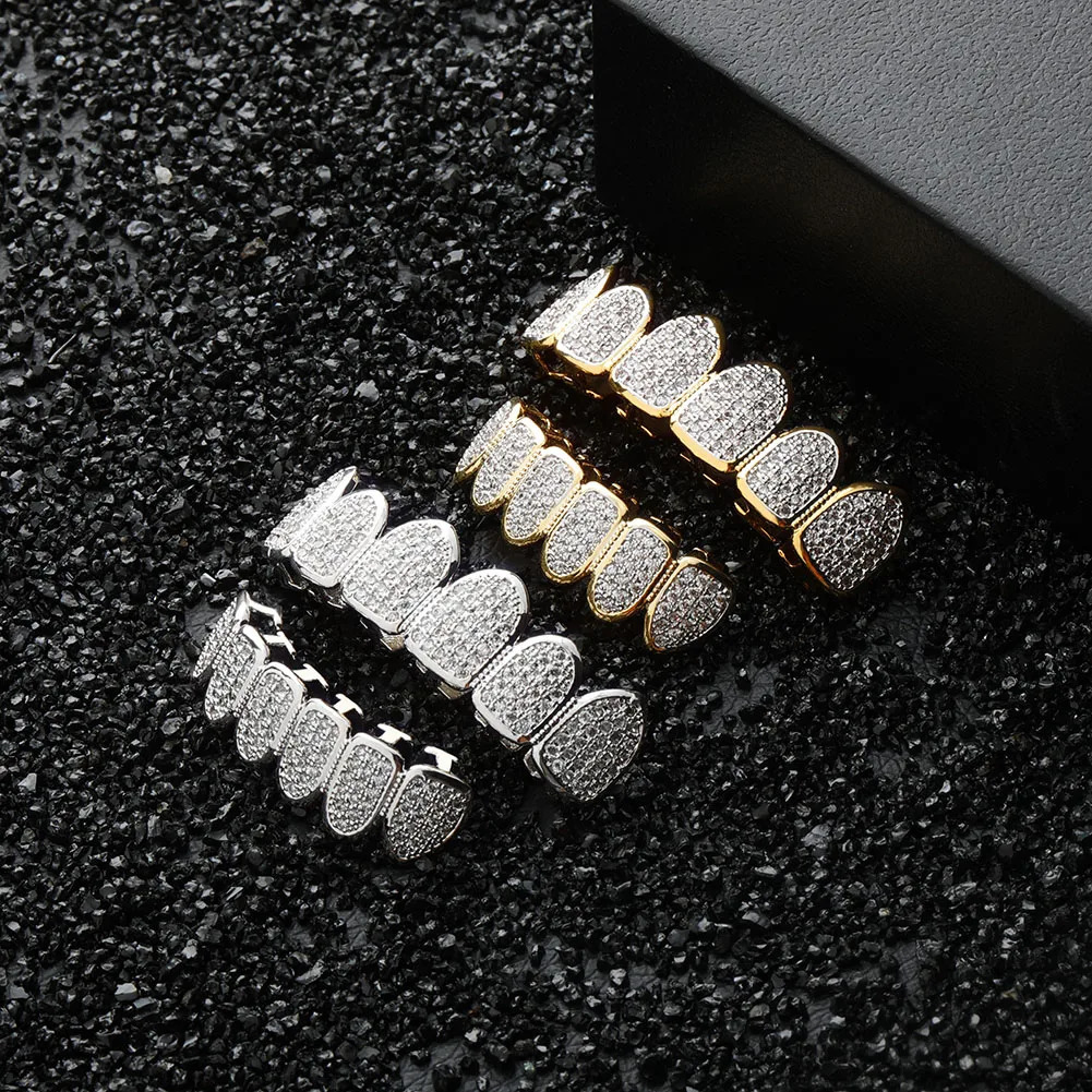 TOP Hip Hop Gold Color Plated Teeth Caps CZ Micro Pave Exclusive Top Bottom Gold Set Ship From US 250318