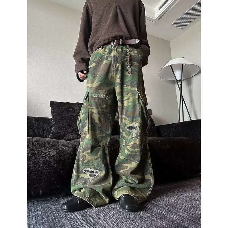 Camouflage Women Y2k Hip Hop Vintage High Waisted Jeans Straight Streetwear Casual Loose Large Size Wide Leg Denim Pants