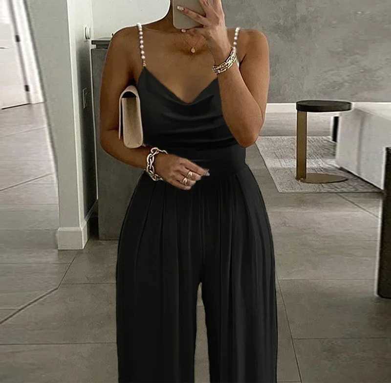 Sleveless Jump Suits for Women Strtwear 2023 Autumn Pearl Pendant Wide Leg V-neck Backless Pants Womens jumpsuit X250318