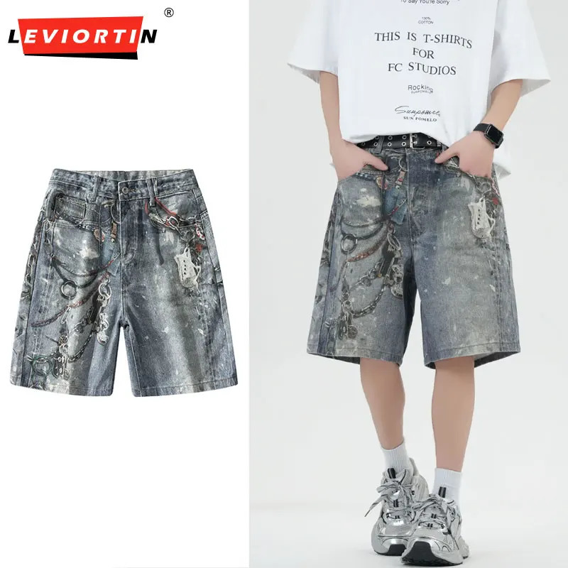 Mens Distressed Denim Shorts with Metal Chain Print Relaxing High Street Suitable for Retro Laundry City Clothing Jeans 250317