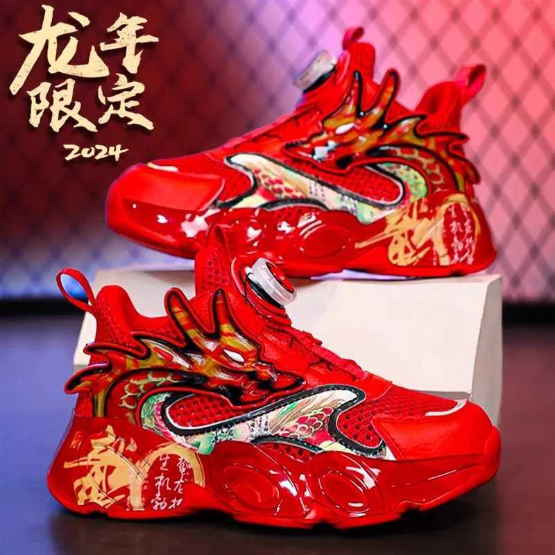 Boys sports shoes 2025- Red Dragon design sports shoes breathable mesh with rotating buckle fashionable basketball and running shoesXJ250318