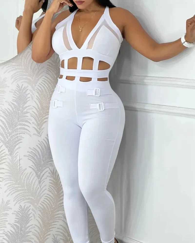 Womens spring and summer jumpsuit sleeveless new print white waist hollow shoulder strap fastened jumpsuit X250318