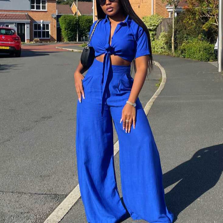 Summer plus size women's clothing new short sleeved wide leg pants two-piece set fashionable shirt set for women 250315