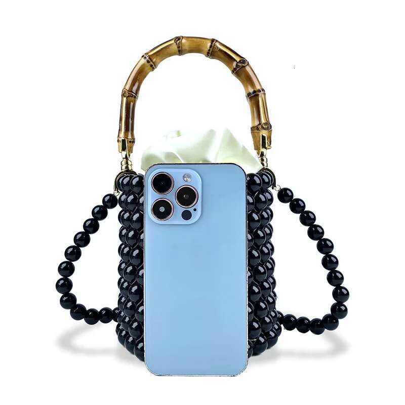 2024 New Mini Hand Beading Acrylic Pearl Handabg Fashion Bamboo Handle Women's Cydrical Shape Drawstring Evening Clutches Bag