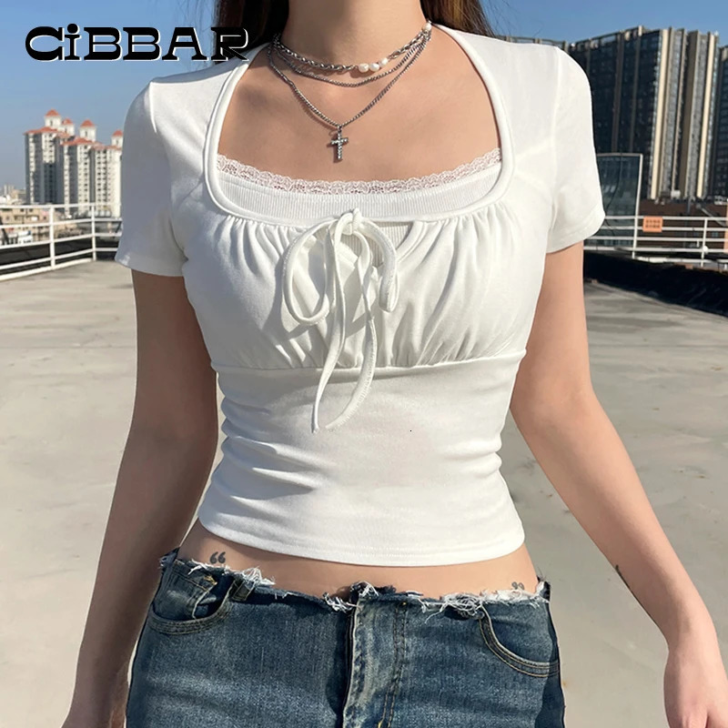CIBBAR White Stitched Crop Top Women Casual Vintage Two-piece Lace Patchwork Short Sleeve T Shirt y2k Summer Tees Aesthetic 250318