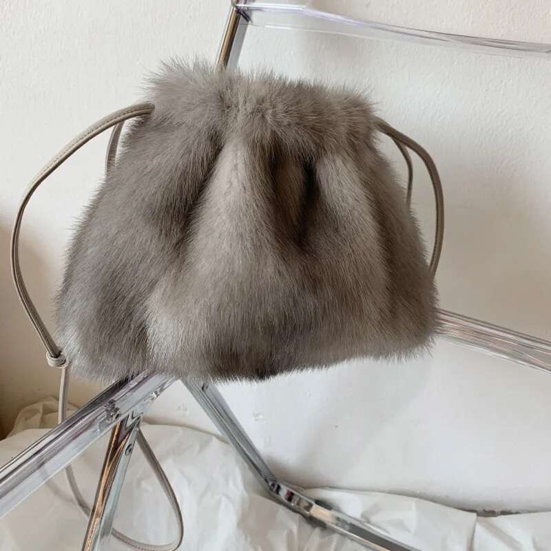Winter Single Shoulder Women's Fluffy Mink Drawstring Fur Bucket Evening Party Bag Handbag Ladies