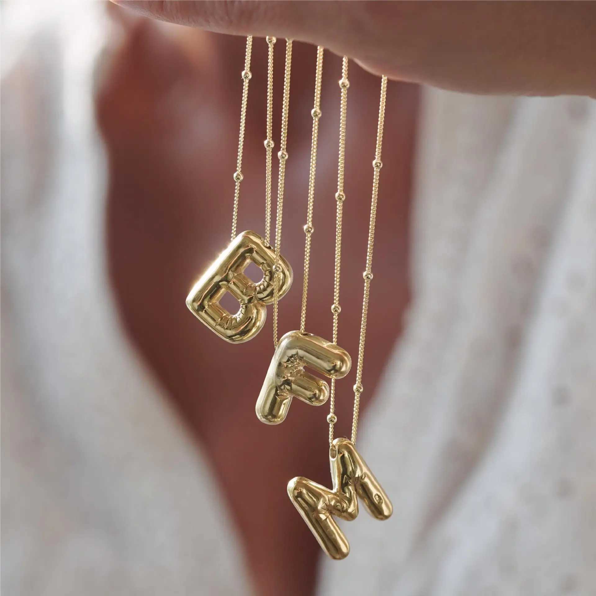 Smooth Stainless Steel Bubble letter Initial Pendant Chunky Women Personality Jewelry Gold Plated Balloon 26 Letter Necklaces W250318