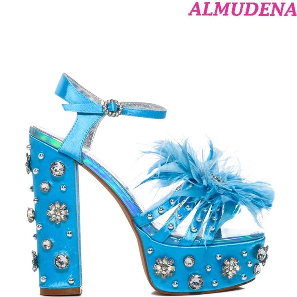 Pink Feather Crystal Platform Sandals Summer Chunky Heel Jewel Buckled Pumps Designer Plus Size Party Lolita Dress Shoes