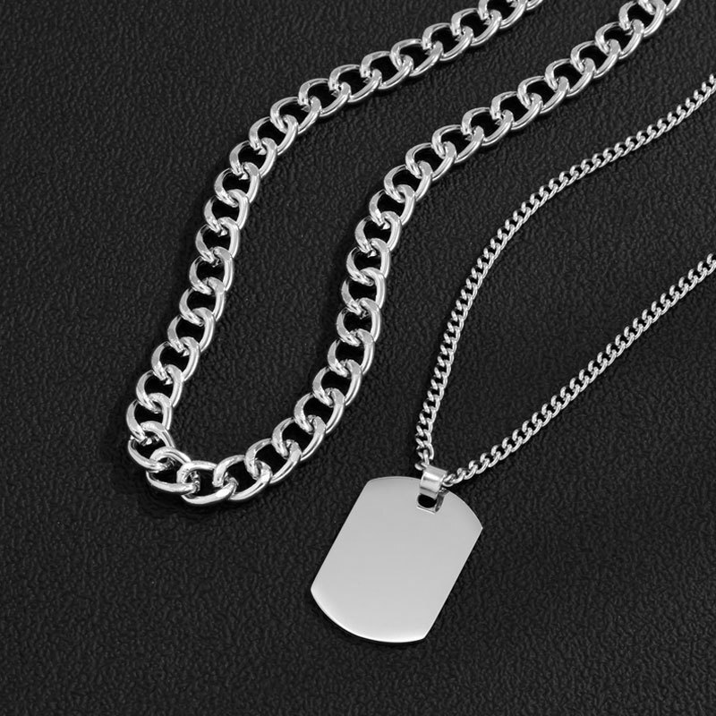 Hee Ha Men Double Pendant Necklace Titanium Steel Tag Metal Chain Sweater Chain Jewelry