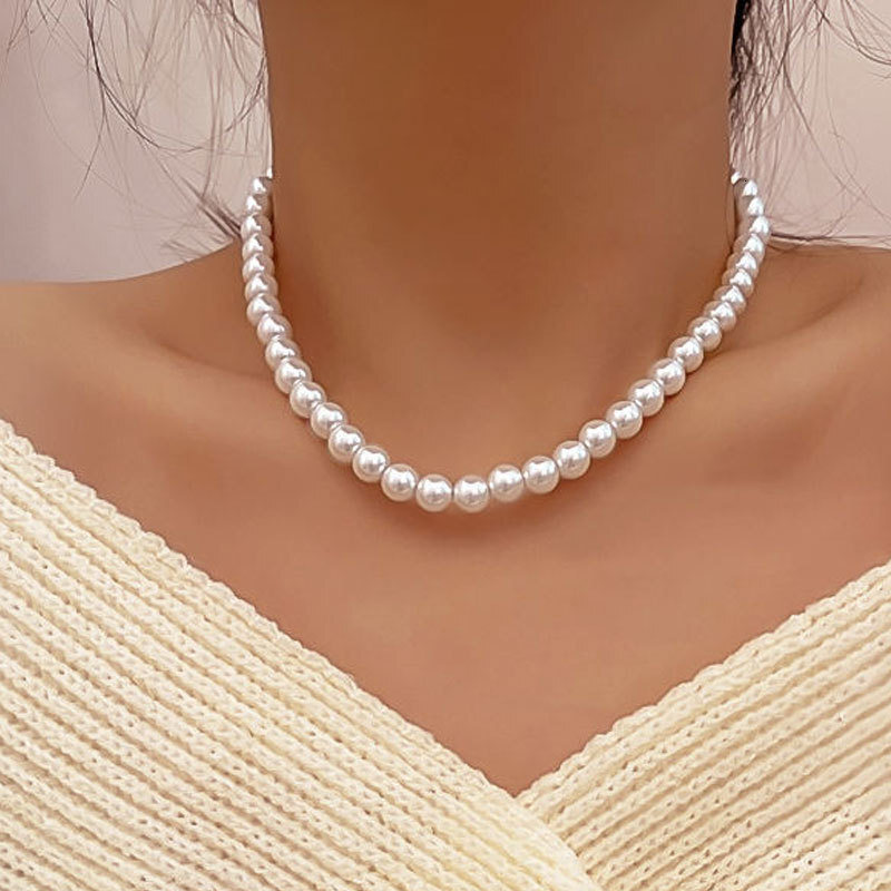 Glass Imitation Pearl Necklace Women 4/6/8/10/12mm Choker Collarbone Chain Jewelry