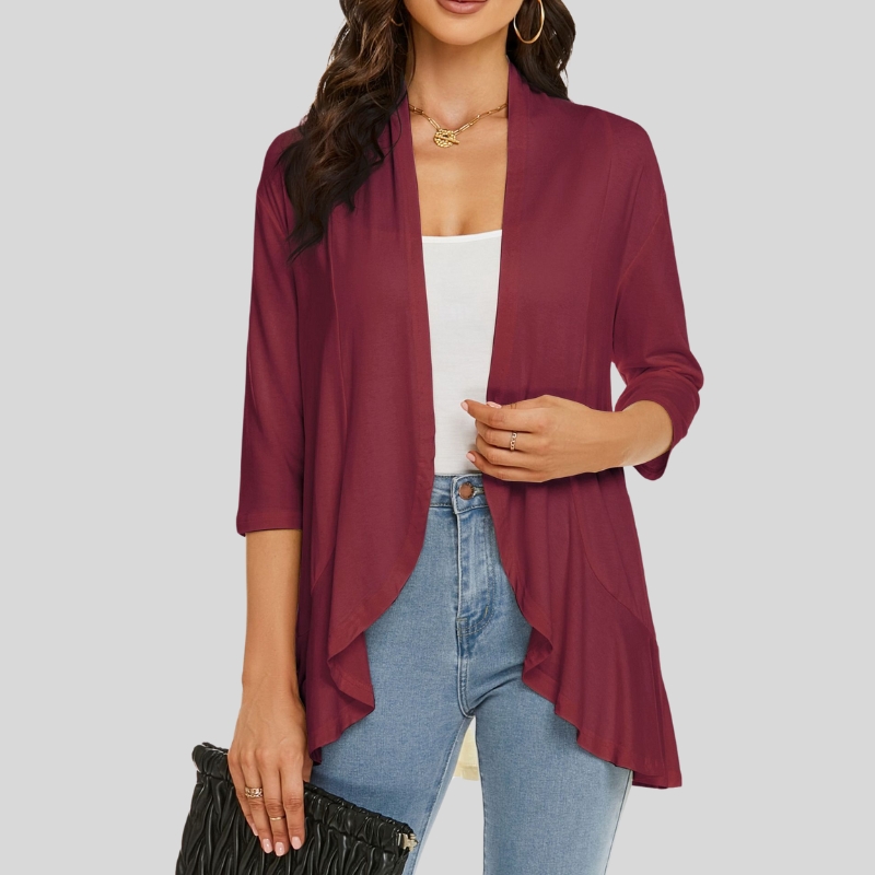 European and American women's clothing autumn new solid color cardigan jacket seven-quarter sleeve ruffle edge top