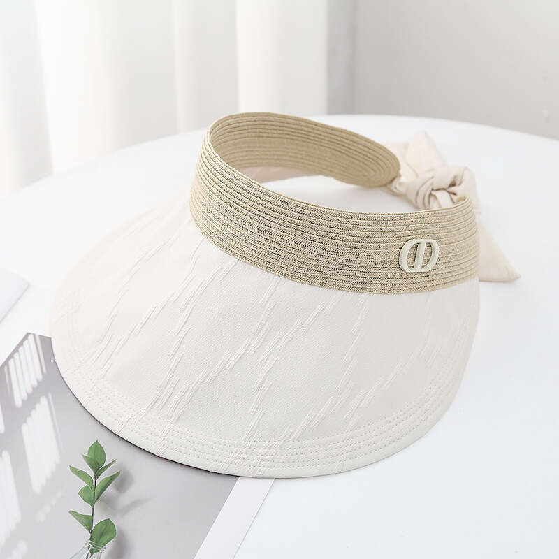 Summer new grass woven spliced empty top for women, foldable hat, sweet bow, small face, trendy sun protection hat