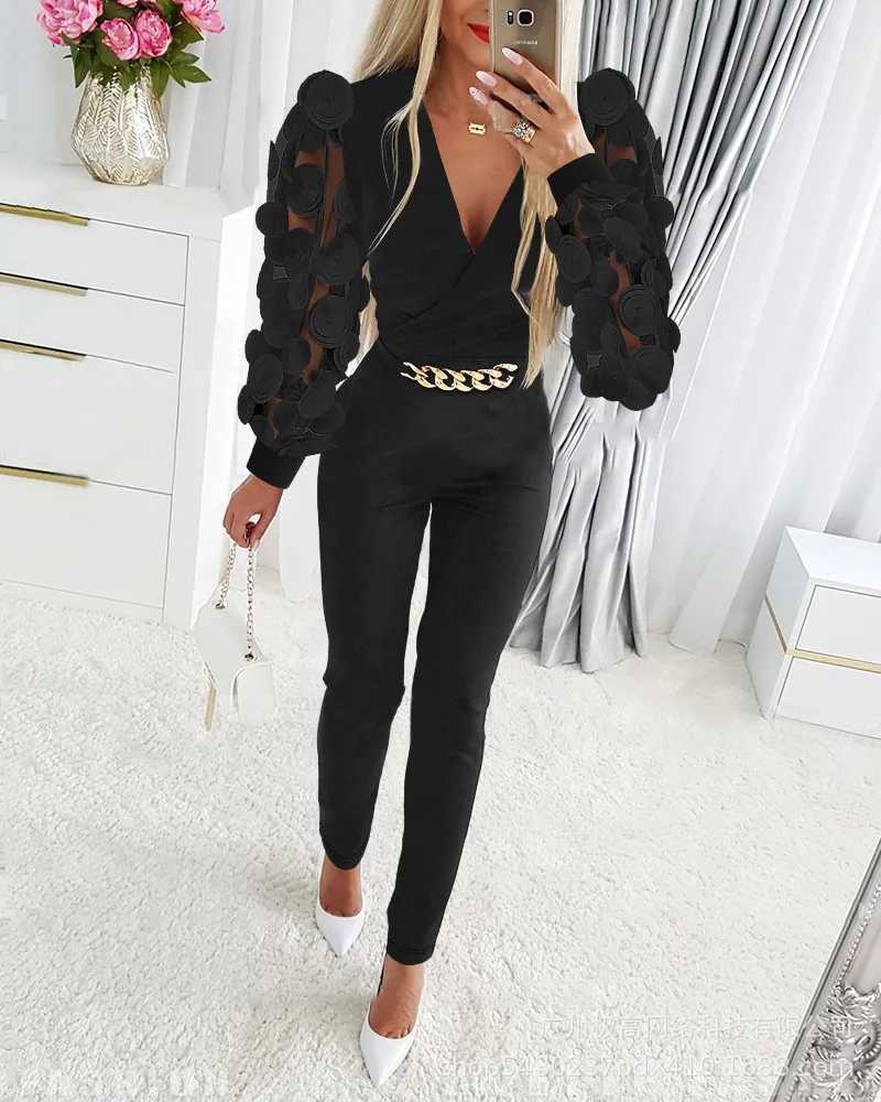 Jumpsuit Women Spring Fashion Floral Pattern Shr Mesh Patch Chain Decor Casual V-Neck Long Sleeve Skinny Daily Long Jumpsuit X250318