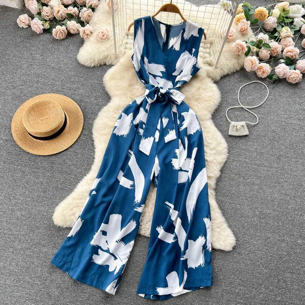 Women Summer Fashion Print Jumpsuits V-neck Slveless Romper Waistband Jumpsuits Euro Style Ladies Loose Leg Pants Overalls X250318