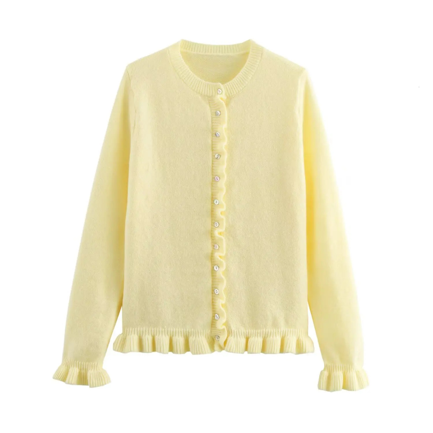 ZBZA Womens Ruffle Knitted Cardigan Round Neck Long Sleeve Single Breasted Ruffle Top Spring and Summer Casual Chic Sweater 250318