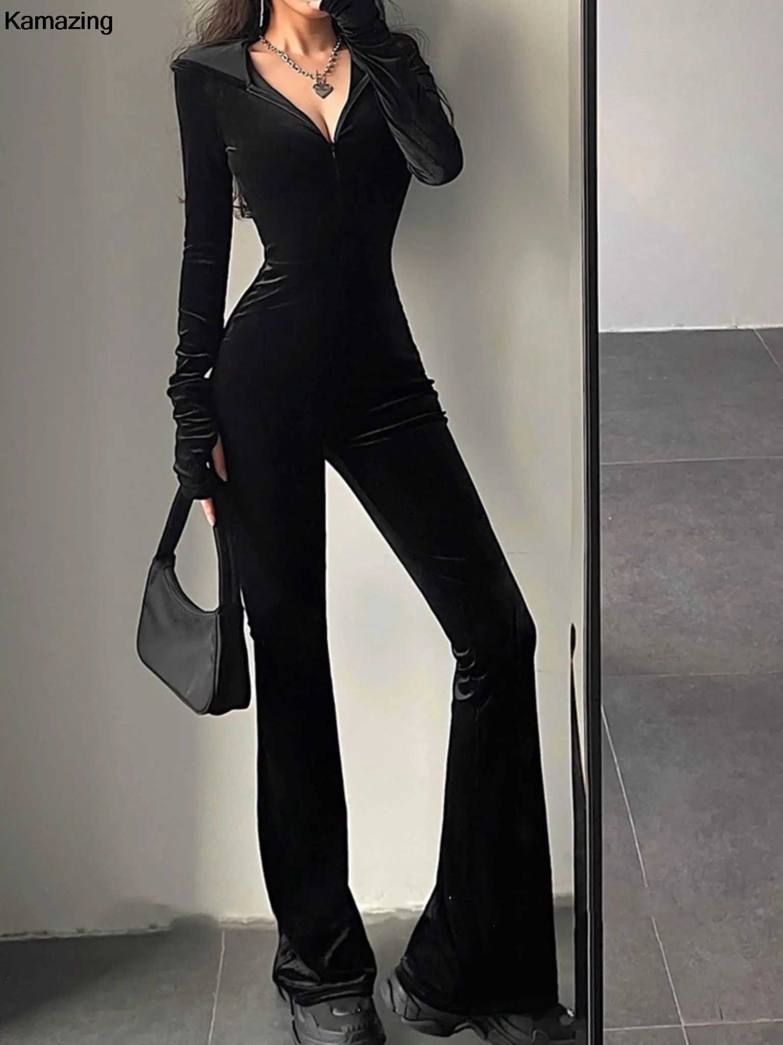 Autumn sexy Bodycon black velvet jumpsuit womens fashionable hoodie zipper flash pants jumpsuit retro Y2k Strtwear winter set X250318