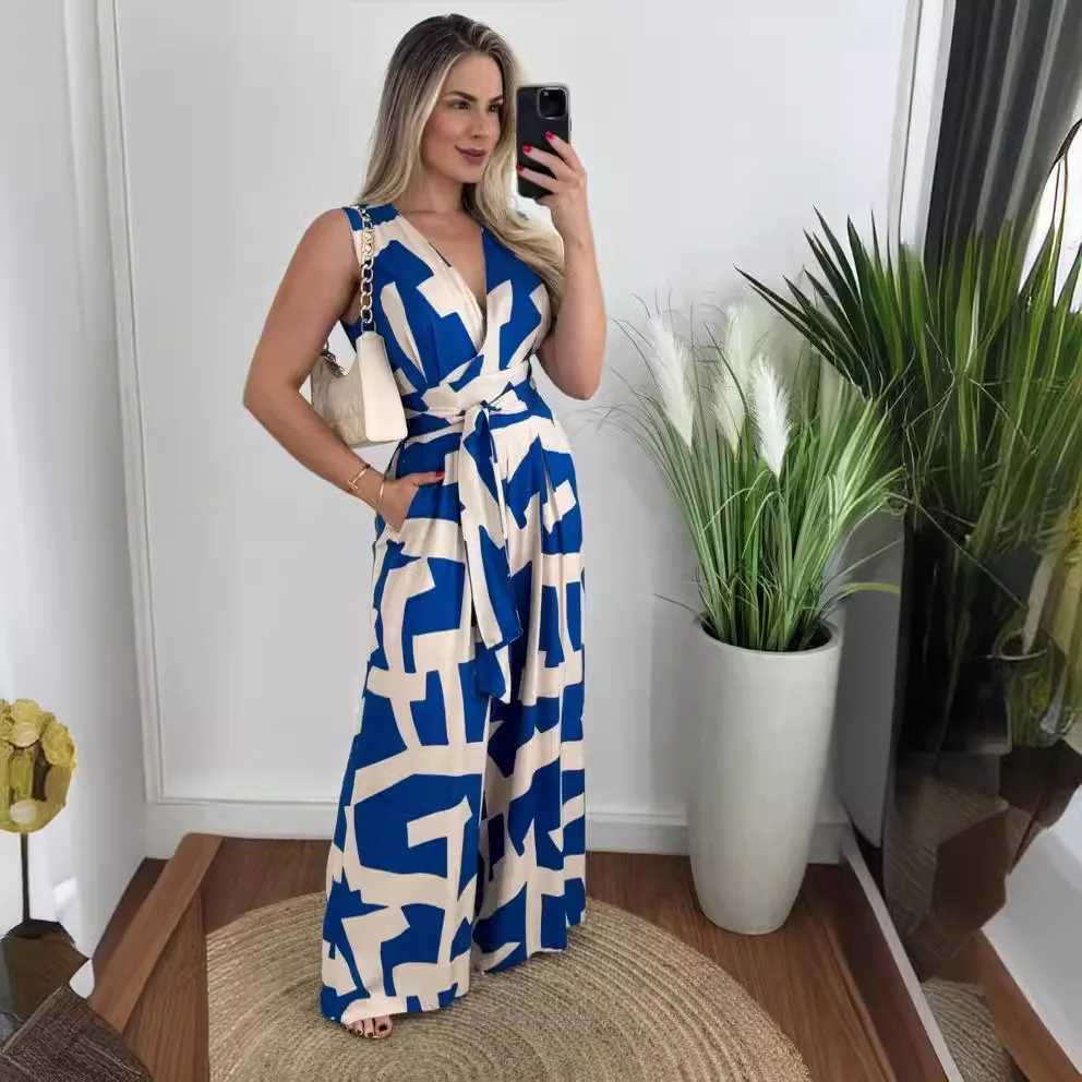 Summer fashion printed jumpsuit womens casual beach style V-neck strapless wide leg jumpsuit women X250318