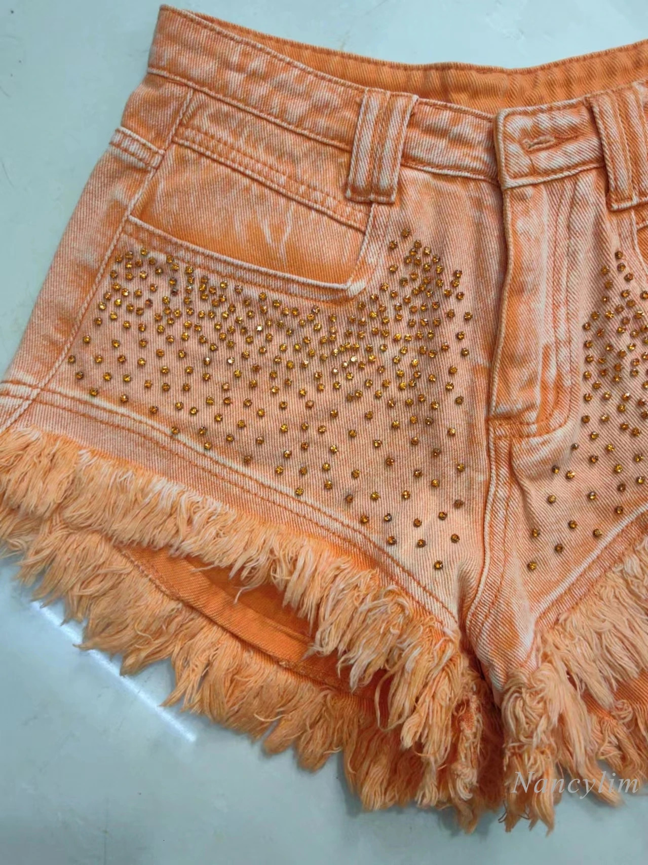 Orange Rhinestone denim shorts womens ruffled and fringed jeans pants womens high waisted summer wide leg shorts 250314
