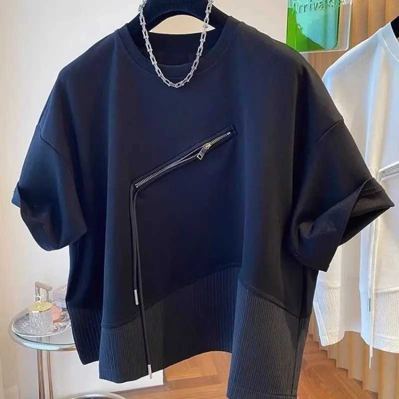 2024 summer personalized irregular patch work drawstring half zipper loose casual oversized Rafian handsome short sleeved T-shirtT250318