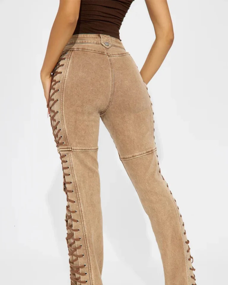 Fashion womens fashion lace-up drawstring Spice Girl jeans and pants Women Jeans Denim Straight Pants Spliced Patchwork 250317