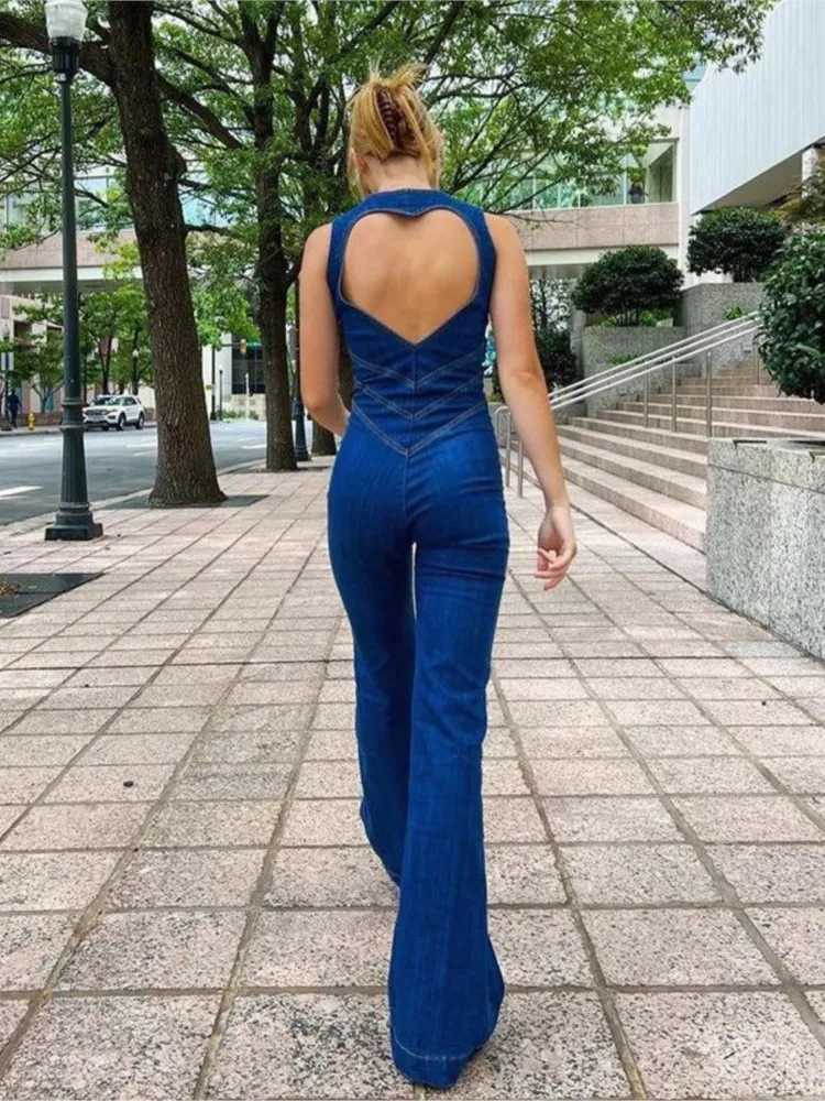 New womens spring and summer slim fit fashionable zipper sexy strapless high waist micro flash denim jumpsuit X250318