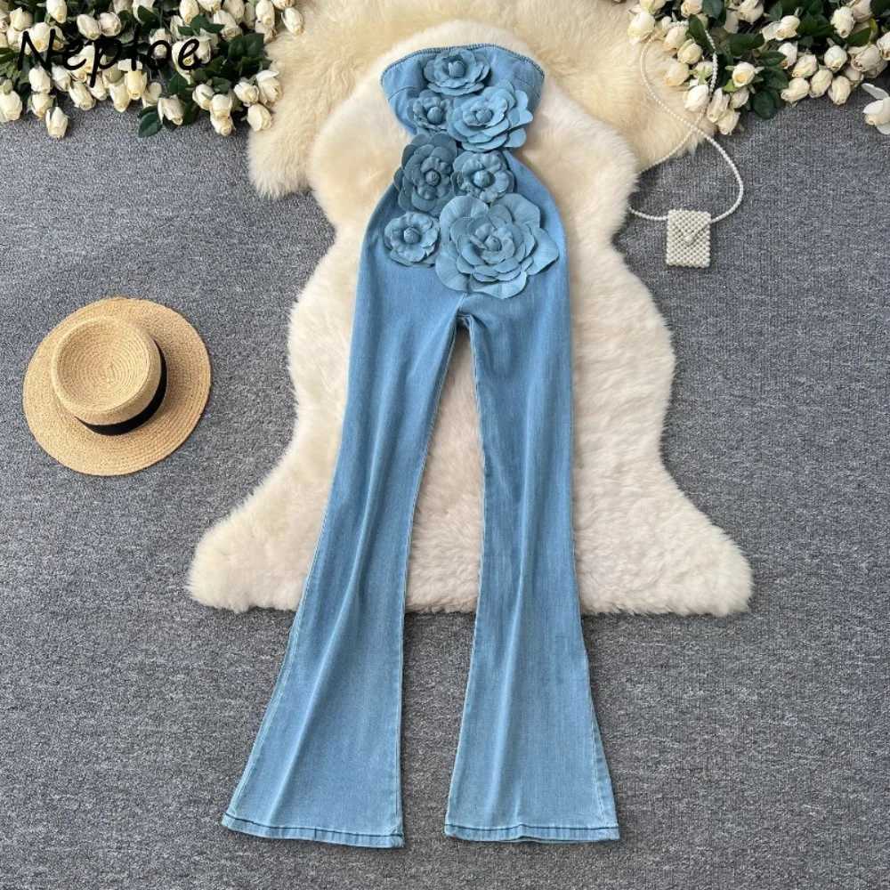 Neploe Office Womens Straight Waist Moda Tight Suit Advanced New Heavy 3D Flower Strapless jumpsuit X250318