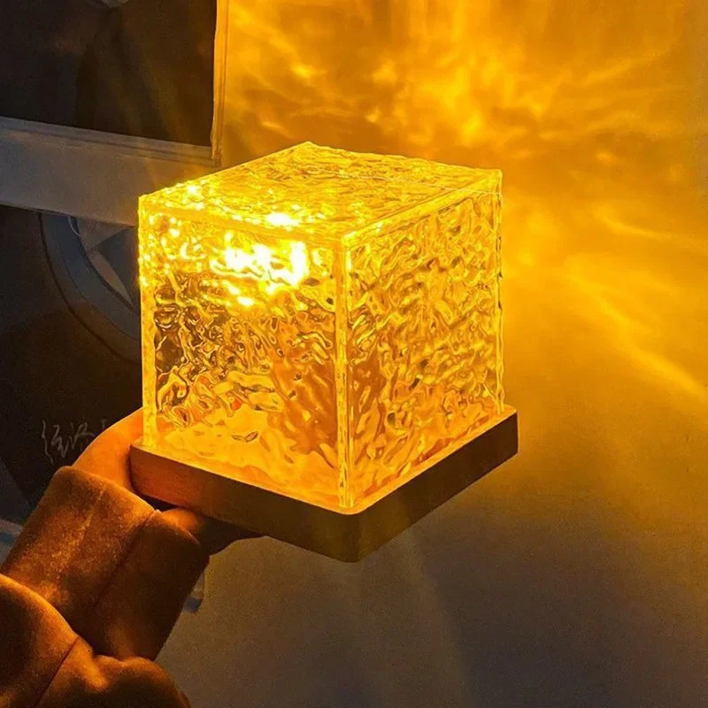 LED Rotating Water Wave Night Light RGB Color Change Display Cube Crystal Desk Lamp Used for Home Bedroom Childrens Party Decoration 250318