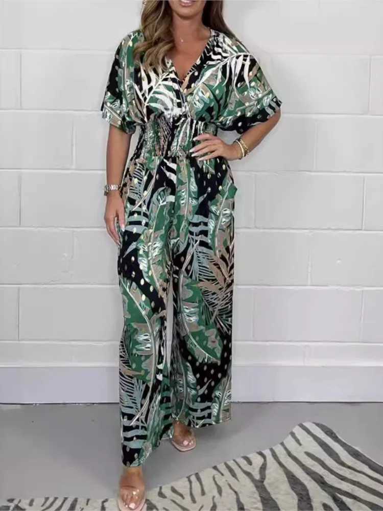 2025 Summer Elegant Womens Printed Folding jumpsuit Fashion V-neck Short Sleeve Elastic Waist Wide Leg Pants Casual Slimming jumpsuit X250318